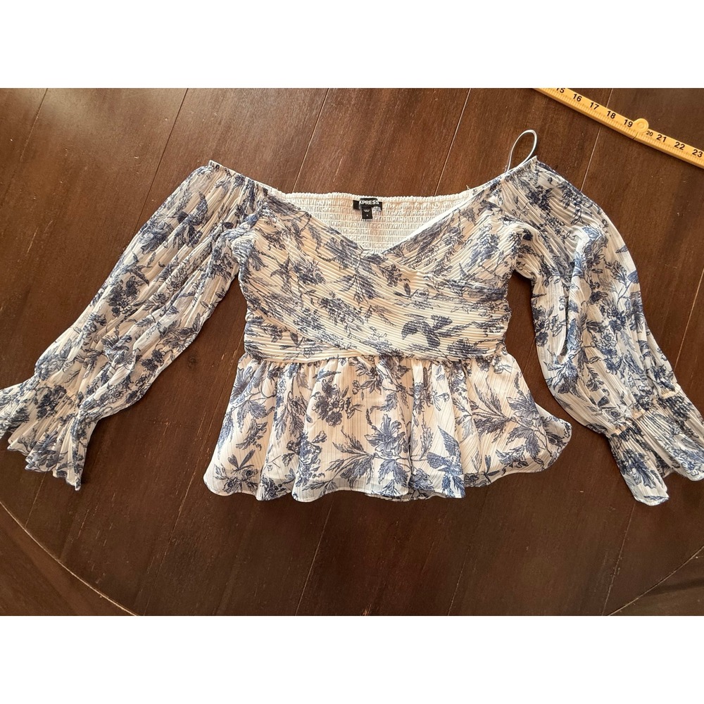 Express Blue Floral Off Shoulder Peplum Top Smocked Fairy Garden Small